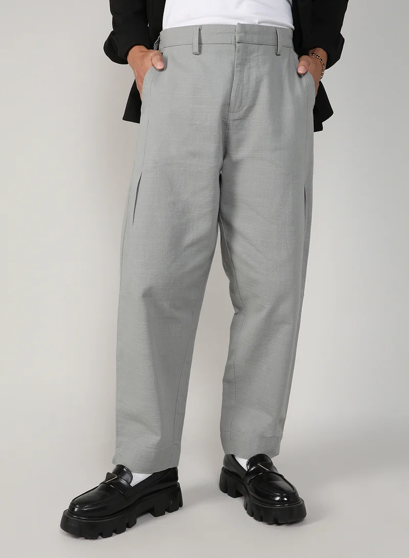 كامبوس سوترا Men's Moon Grey  Tailored Linen-Blend Trousers For Casual Wear | Tailored Fit | 4 Pockets | Hook Closure | Trousers Crafted With Comfort Fit For Everyday Wear